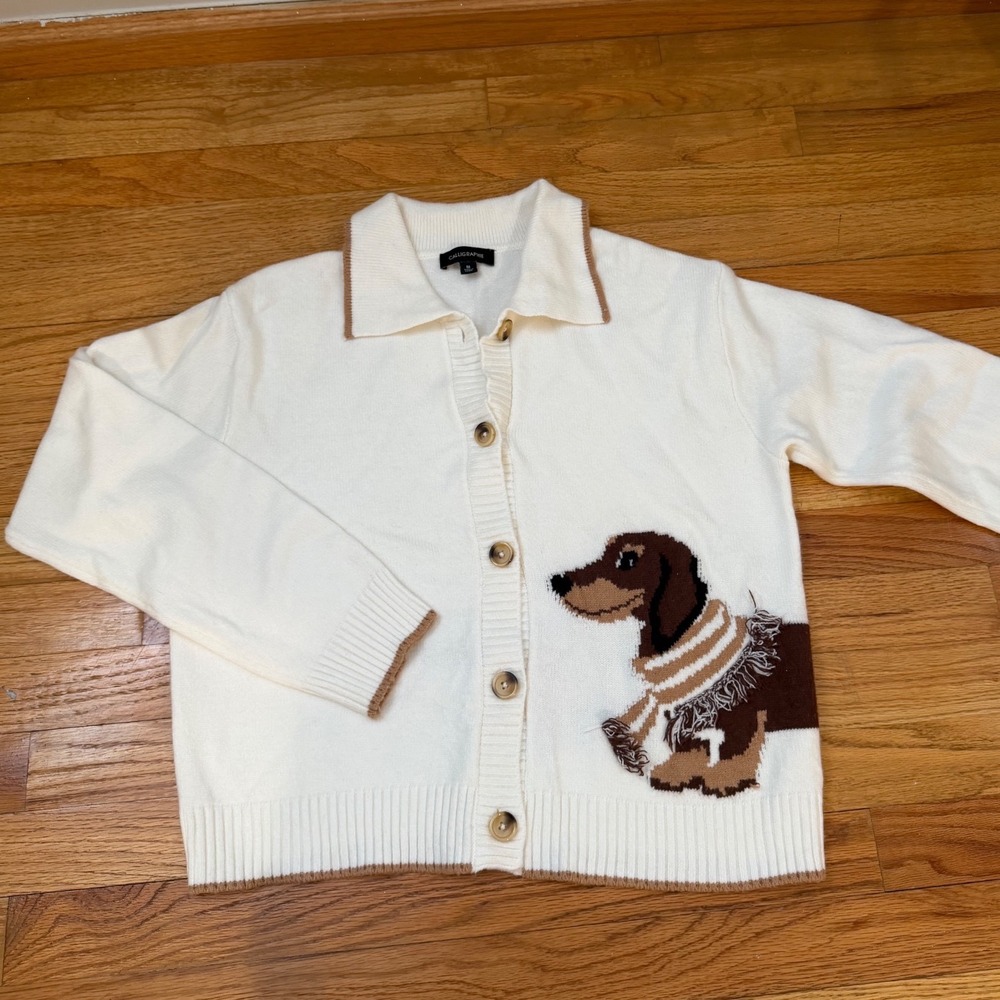 Calligraphie Cream Dachshund Dog Intarsia Knit Cardigan Sweater Collared Medium